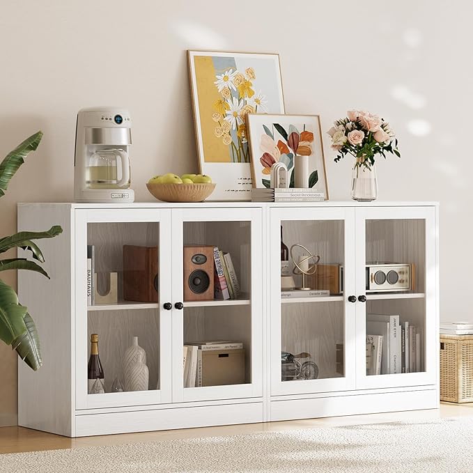 TUSY 71" TV Stand Storage Set - 2 Tall Bookcases & 2 Side Cabinets, Media Console with Glass & Wood Doors, Entertainment Center with Drawers, Tall Media Console for Living Room (White, ADDA)