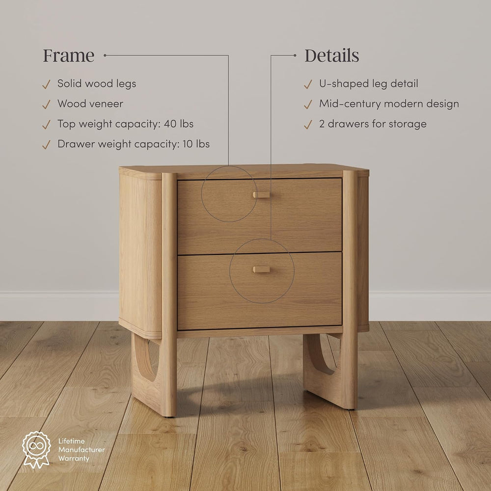 Nathan James Solace Mid Century Modern 2 Drawer Nightstand with Solid Wood Fr...