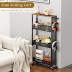 Utility Slim Storage Cart 4 Tier Small Rolling Kitchen Laundry Room Organization Cart with Wood Top Metal Narrow Laundry Room Shelves Cabinet Unit Laundry Organizer Trolley with Handle for Small space