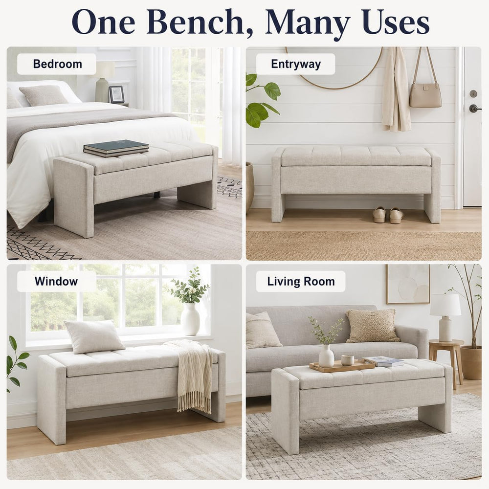 47.25 Inch Storage Ottoman Bench, Linen Upholstered, Light Grey | End of Bed ...