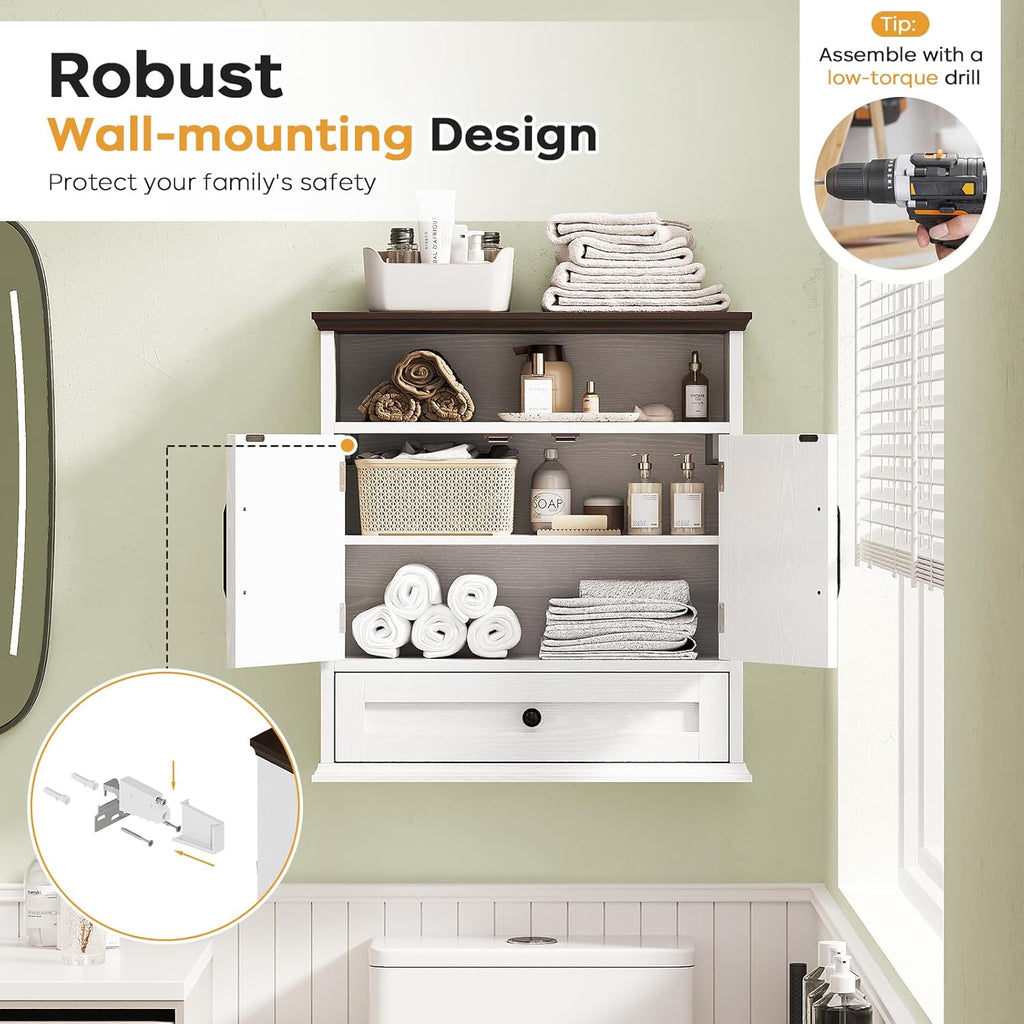 Bathroom Wall Cabinet, Wall Mounted Medicine Cabinet with Drawer, Barn Doors & Adjustable Shelf, 24.4"H x 23.6"W x 9"D White Over Toilet Farmhouse Storage Cabinet for Kitchen, Laundry Room, Entryway