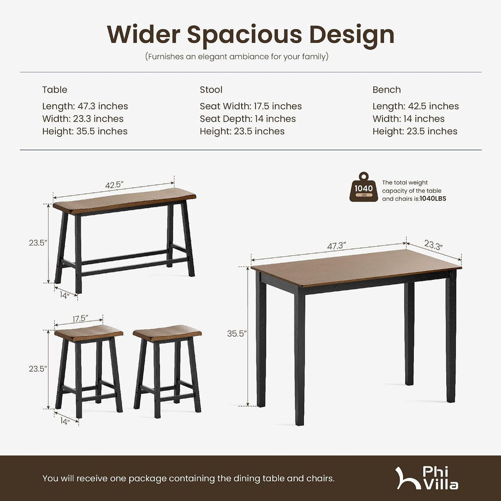 PHI VILLA Dining Table Set for 4, Kitchen Table Set with Bench and Chairs, Solid Wood Counter Height Bar Table and Chairs, Small Breakfast Table Set, Walnut with Black