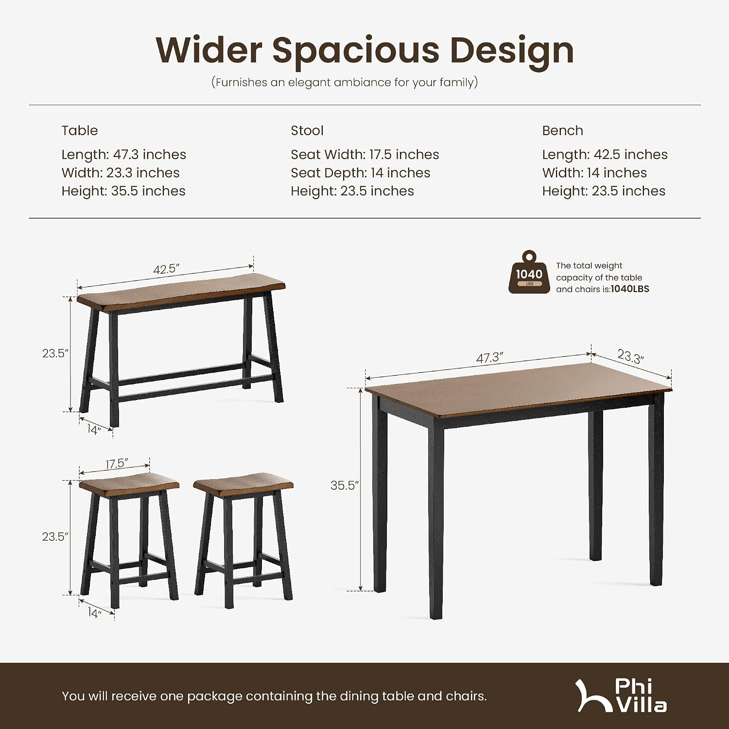 PHI VILLA Dining Table Set for 4, Kitchen Table Set with Bench and Chairs, Solid Wood Counter Height Bar Table and Chairs, Small Breakfast Table Set, Walnut with Black