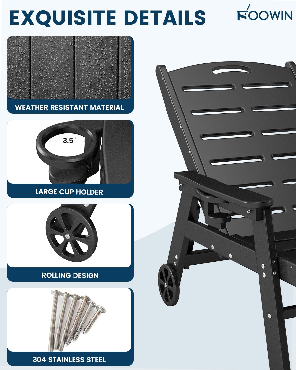 FOOWIN Chaise Lounge Chair Set of 2, HDPE Lounge Chair Outdoor with 5 Positions, Oversized Pool Lounge Chairs with Rolling Wheels & Cup Holder for Poolside Deck Backyard, Black