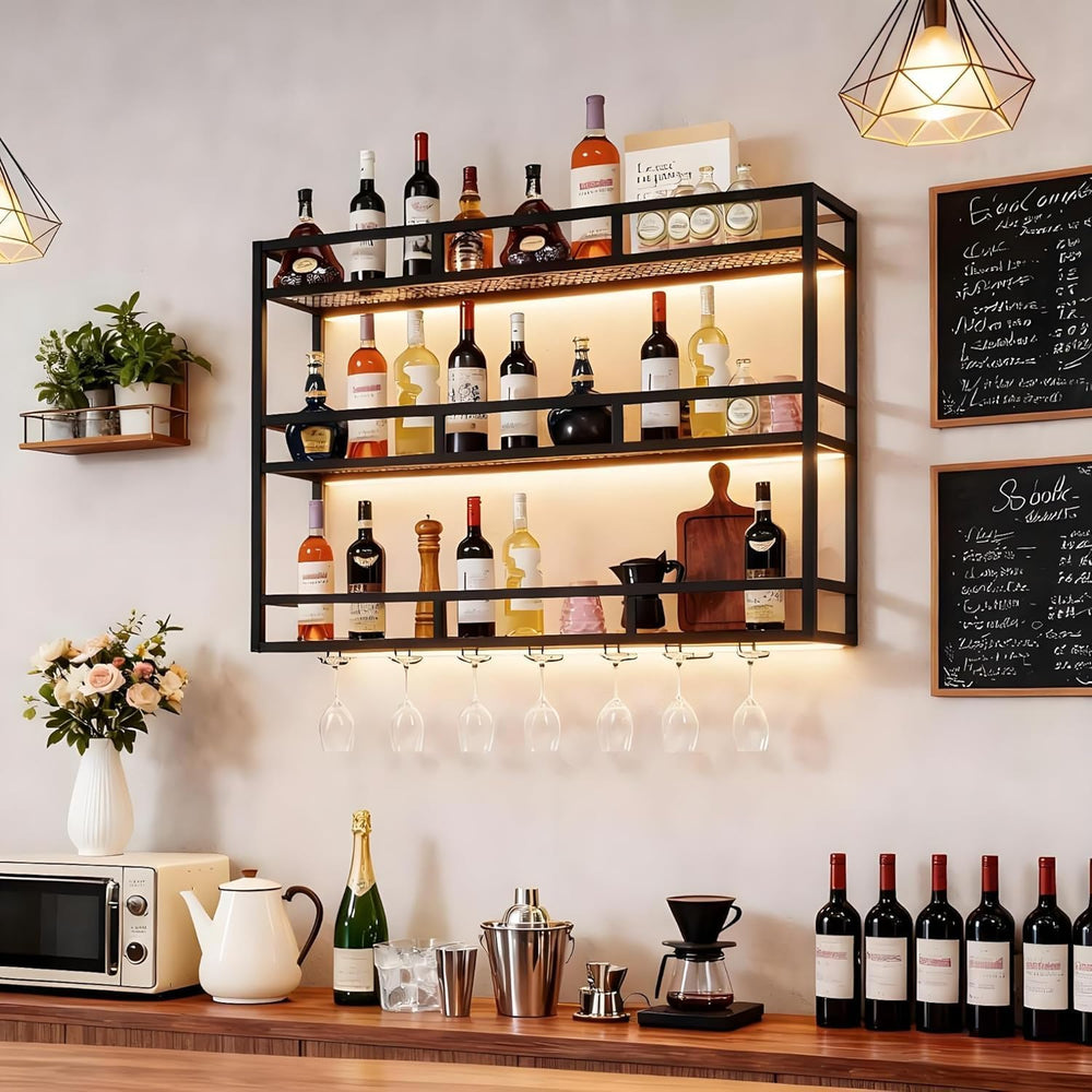 Wall-Mounted Wine Rack, 39" Metal Bar Shelves with Bottle Glass Holder |...