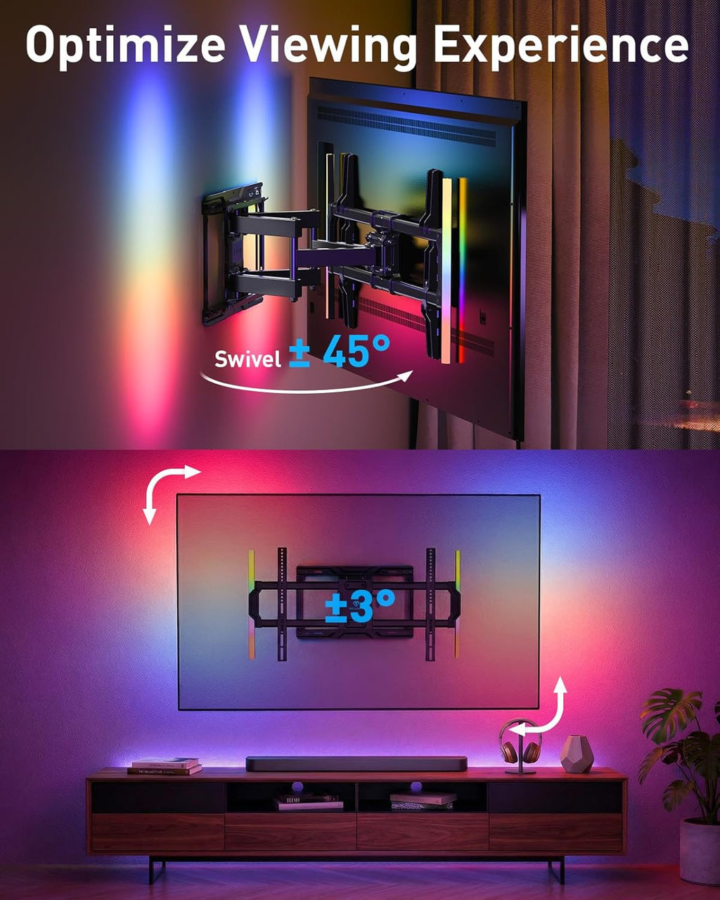 PERLESMITH Full Motion TV Wall Mount with LED Lights for 37-86 Inch TVs up to 132lbs, Backlit TV Mount Bracket with Music Sync, Extension Swivel Tilt level, Max VESA 600x400mm, Fits 16"/12" Wood Studs