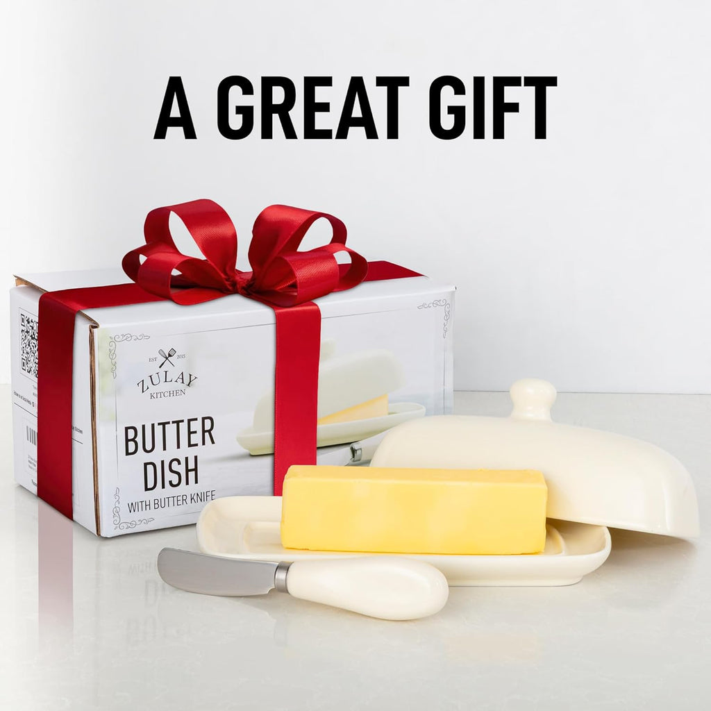 Zulay Butter Dish With Lid For Countertop - Porcelain White, Ceramic Butter Dish with Knob Handle Great for Cooking - Elegant Design Butter Holder - Durable & Sturdy Butter Keeper - Ivory
