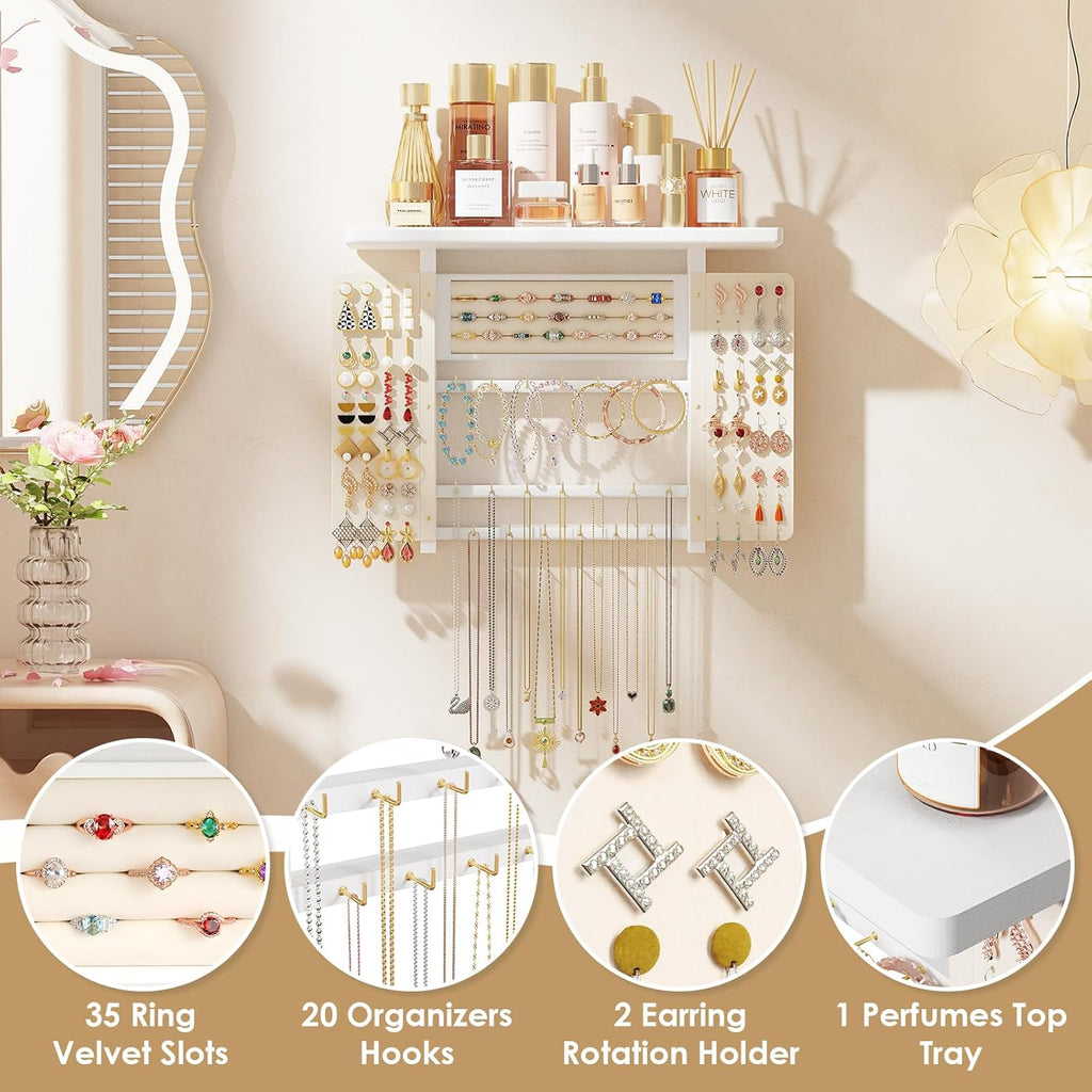 Emfogo Jewelry Organizer Hanging Wall Mounted Jewelry Holder, 5-in-1 Large Capacity Necklace Organizer Wall Hanging Jewelry Display for Ring, Necklaces, Bracelets, Earrings (White)
