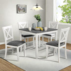 Dining Table Set for 4, 5-Piece Kitchen Table & Chairs Set with Square Table & 4 Fabric Upholstered Chairs, 34.5'' Dinner Set with X-Shaped Backrest & Non-Slip Feet for Kitchen, White&Gray