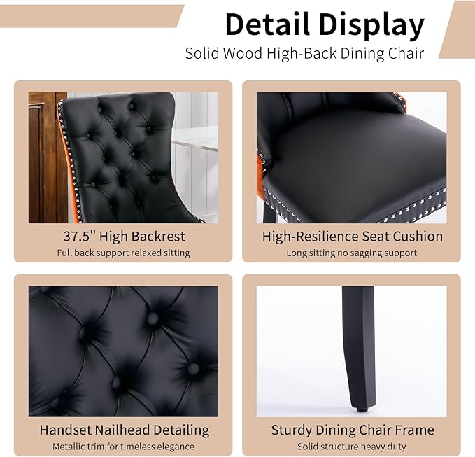 Modern Dining Chairs Set of 2, Tufted Upholstered Dining Chair with Solid Wood Legs, Velvet and Leather Dining Chairs, Sillas de Comedor, Comfy Kitchen Chair (Black+Orange, 2Pcs)