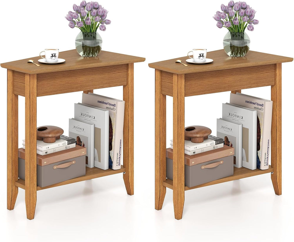 GOFLAME 2-Tier Wedge End Table Set of 2, Narrow Triangle Side Table with Stor...