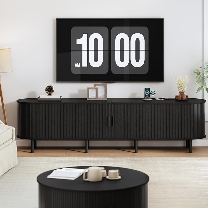 86.6" TV Stand with Power Outlet, Mid-Century Modern Television Stand, Fluted Media Console with Sliding Doors, Entertainment Center for TVs up to 90 Inch, Adjustable Shelves, Black