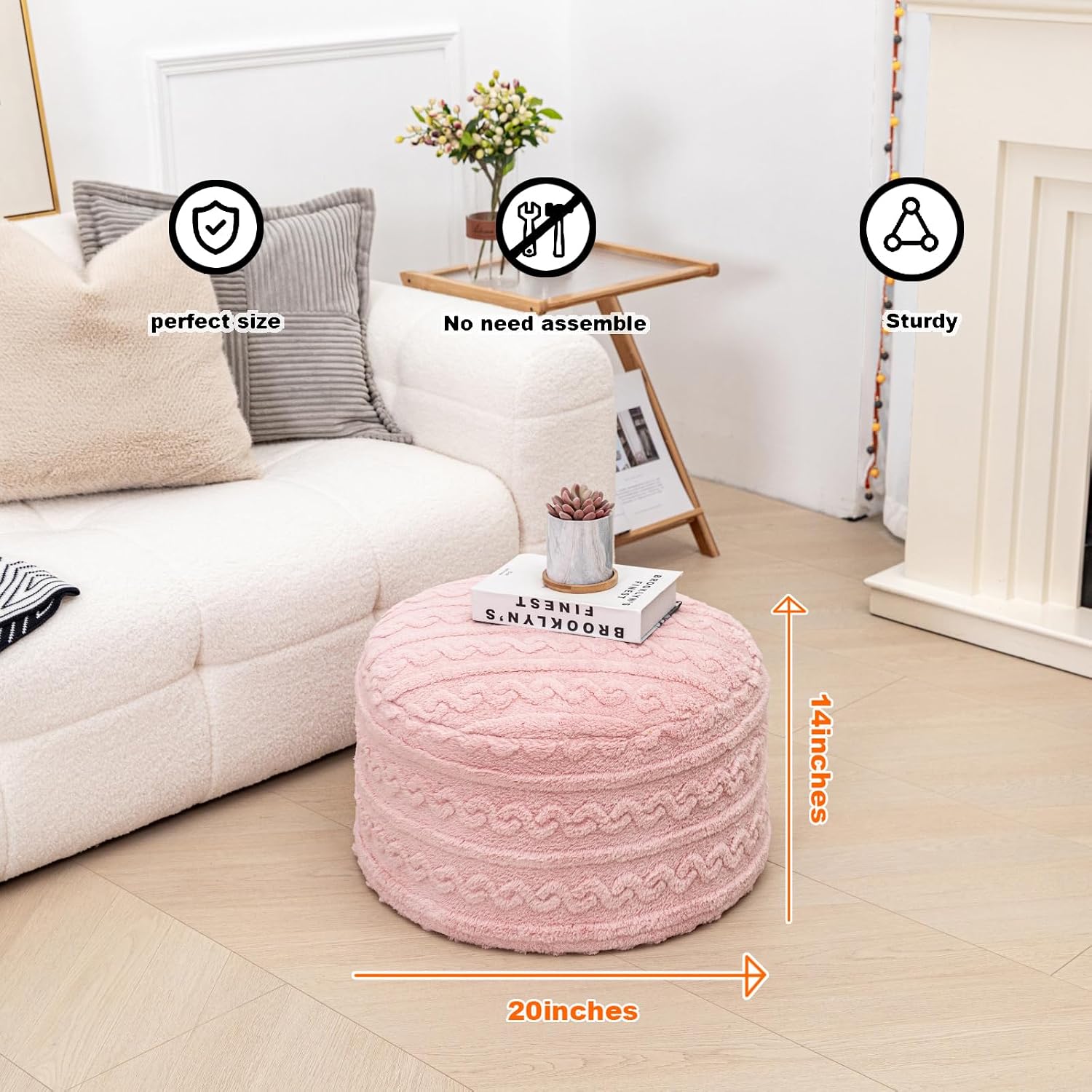 Round Plush Ottoman Pouf Stuffed– Fluffy Ottoman Foot Rest with Modern Foam Filler 20" x 14" Cozy Floor Pouf for Living Room & Bedroom