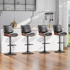 Swivel Bar Stools Set of 2, Adjustable Bentwood Barstools for Kitchen Counter, Mid-Century Modern PU Leather Upholstered Bar Chair with Back and Footrest, for Kitchen Island, Bar, Dining Room, Black