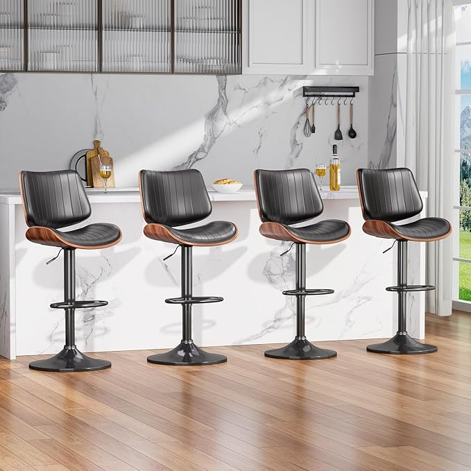 Swivel Bar Stools Set of 1, Adjustable Bentwood Barstools for Kitchen Counter, Modern PU Leather Upholstered Bar Chair with Back and Footrest, for Kitchen Island, Bar, Dining Room, Black