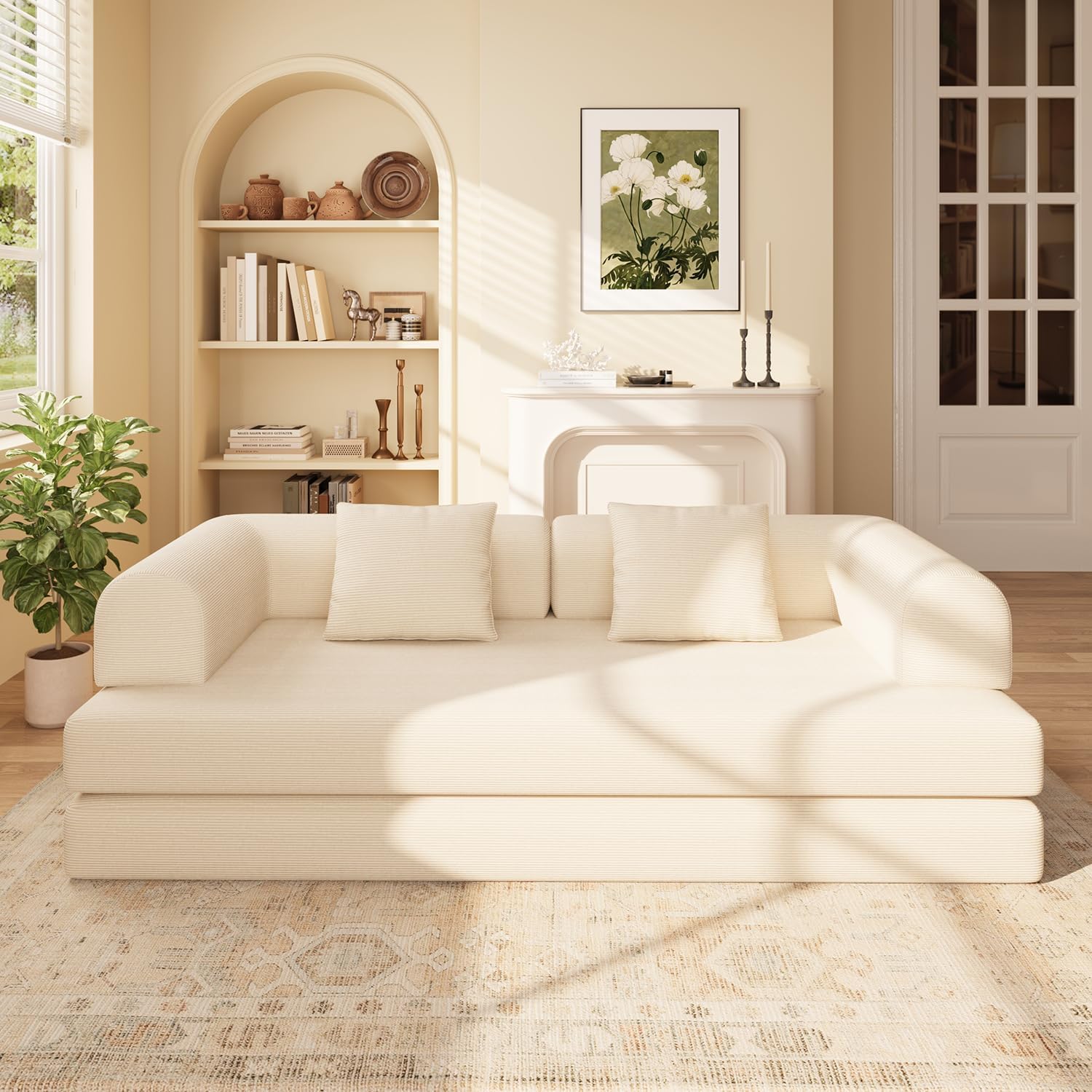 78.8" Convertible Sofa Bed, 5-in-1 Boneless Couch, No Assembly,Cream | Corduroy Boneless Loveseat Sleeper Sofa,Boneless Chair for Living Room,Futon Sleeper Couch with Removable Armrests & Pillows