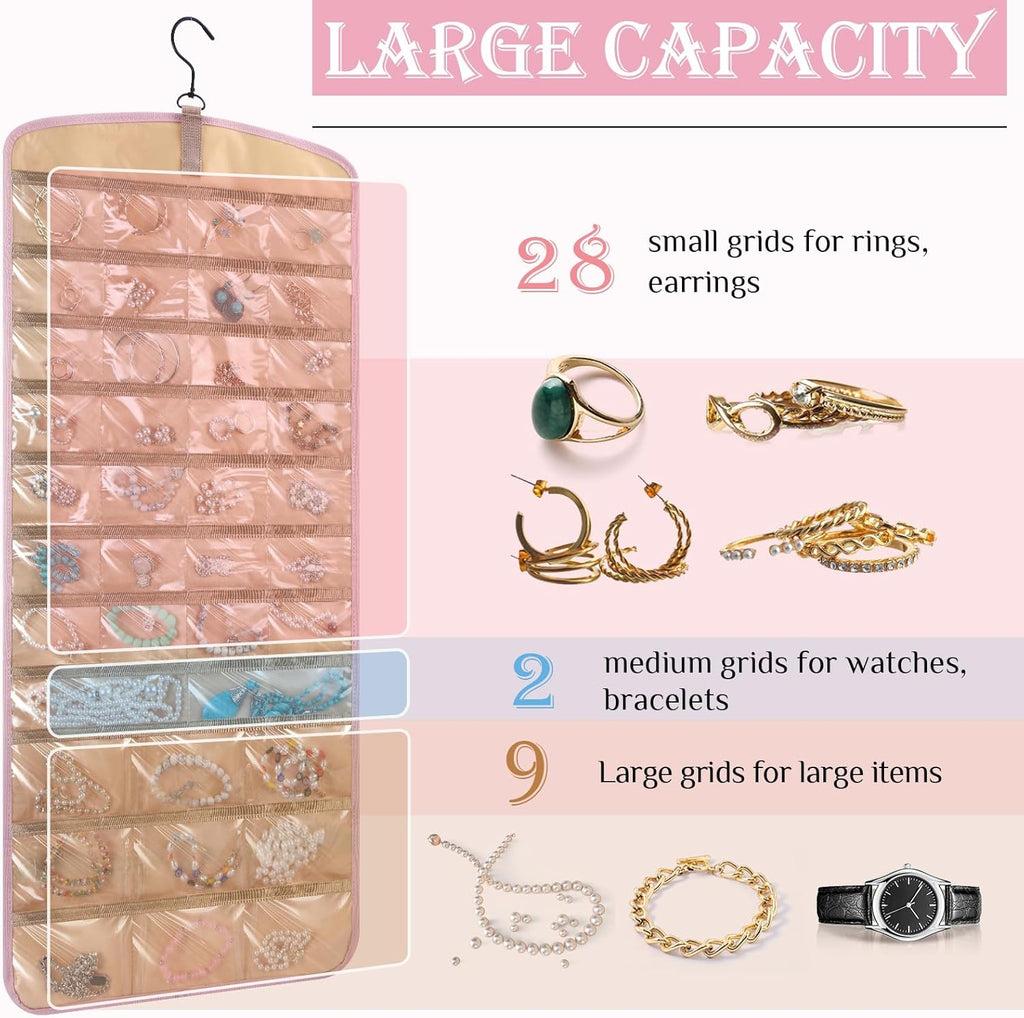 2 Pack Hanging Jewelry Organizer Storage with 39 Pockets, 30 Necklace Hooks Double Sided Wall Mount Earring Holder Organizer Bracelet Necklace Jewelry Display Hanger for Closet Door(Pink)