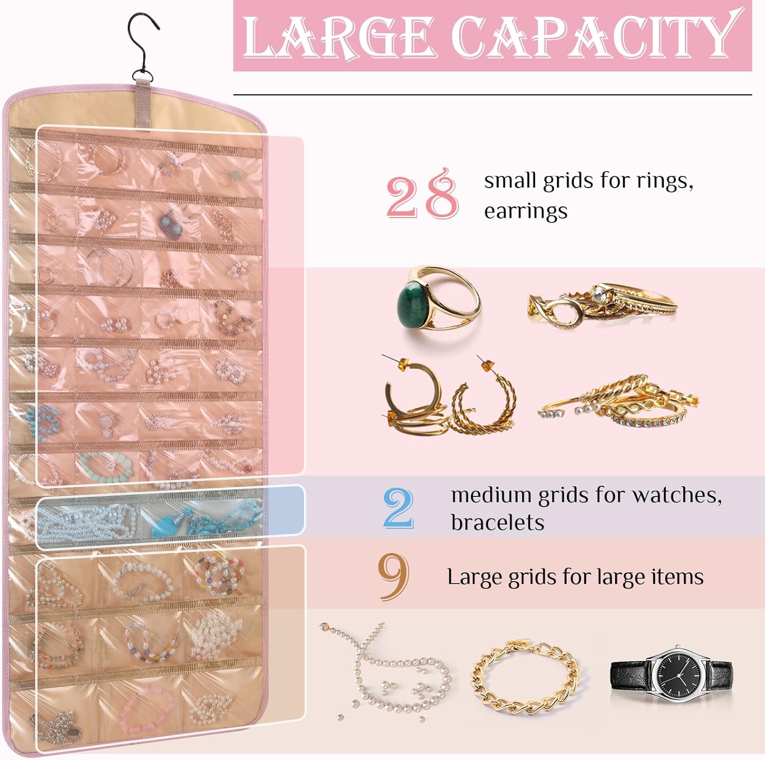 2 Pack Hanging Jewelry Organizer Storage with 39 Pockets, 30 Necklace Hooks Double Sided Wall Mount Earring Holder Organizer Bracelet Necklace Jewelry Display Hanger for Closet Door(Pink)