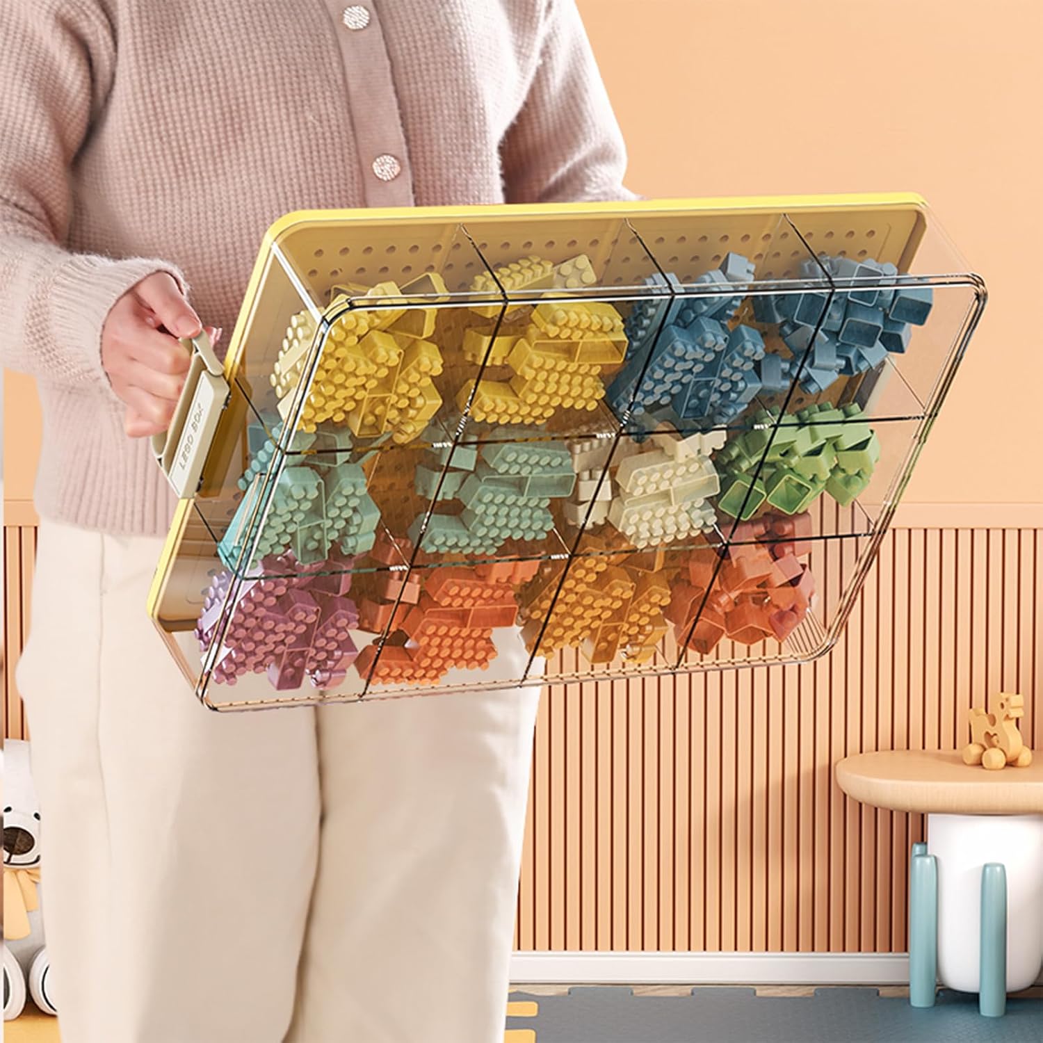 Toys Storage Organizer Bins for Lego, Stackable Toys Organizer, Lego Building Block Storage, Toy Storage Box with 24 Palace Grids, Plastic Stackable Organizer Bins (Yellow 3layers)