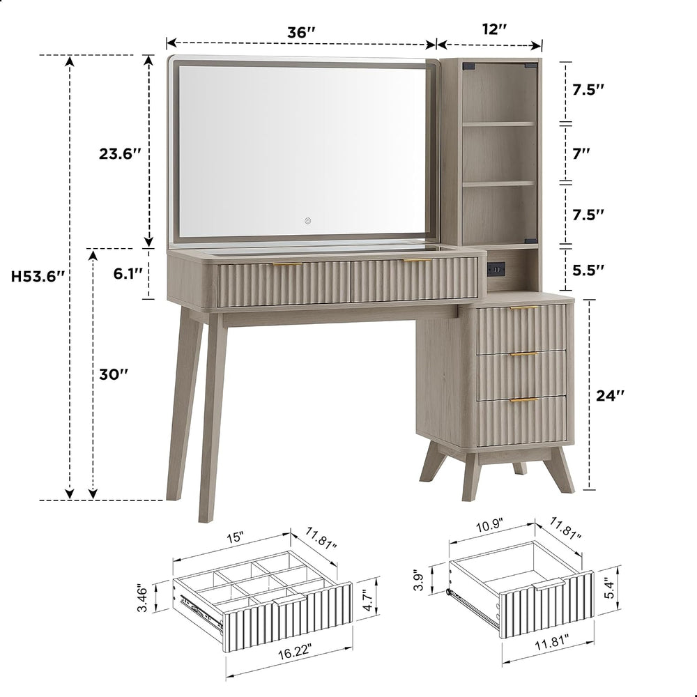 T4TREAM 48" Fluted Makeup Vanity Desk with 36" Lighted Mirror, Whit...
