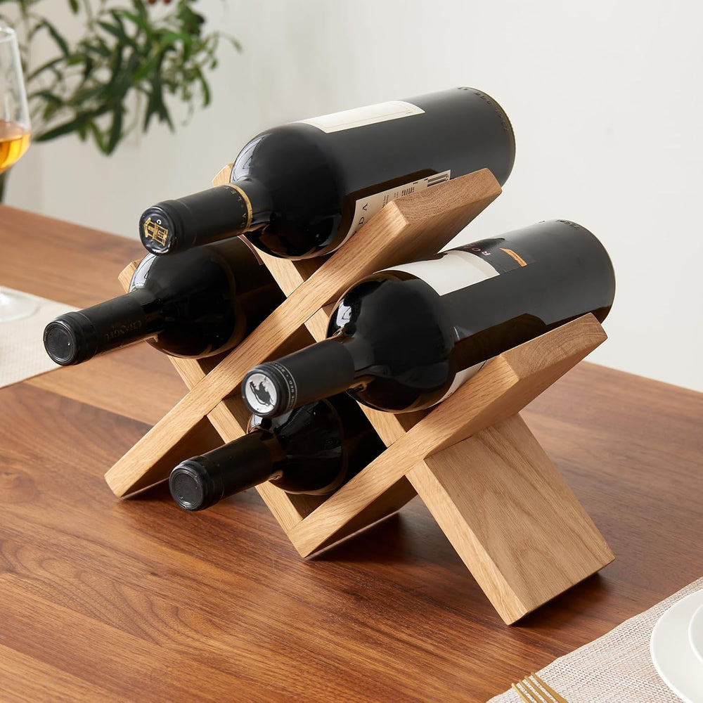 Solid Oak Wine Rack Countertop, 4 Bottle Tabletop Wine Holder - No Assembly F...