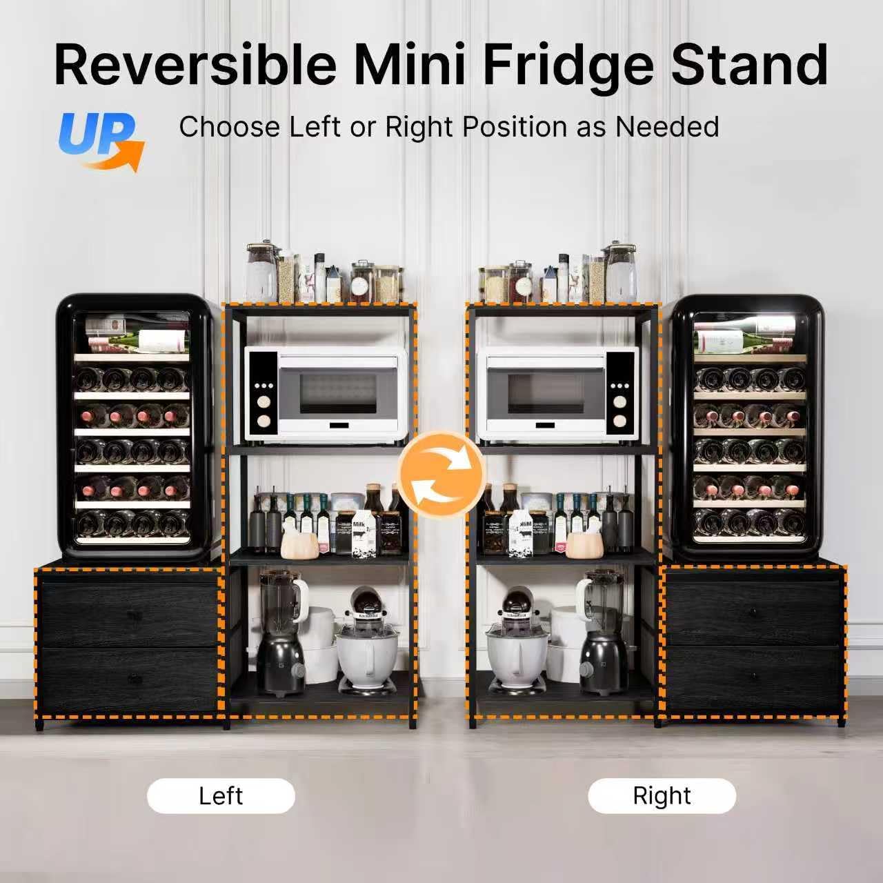 Mini Fridge Stand with Storage, Microwave and mini Fridge Stand with Power Outlet, Coffee Bar,Kitchen Baker,for Dorm,Office(Black)