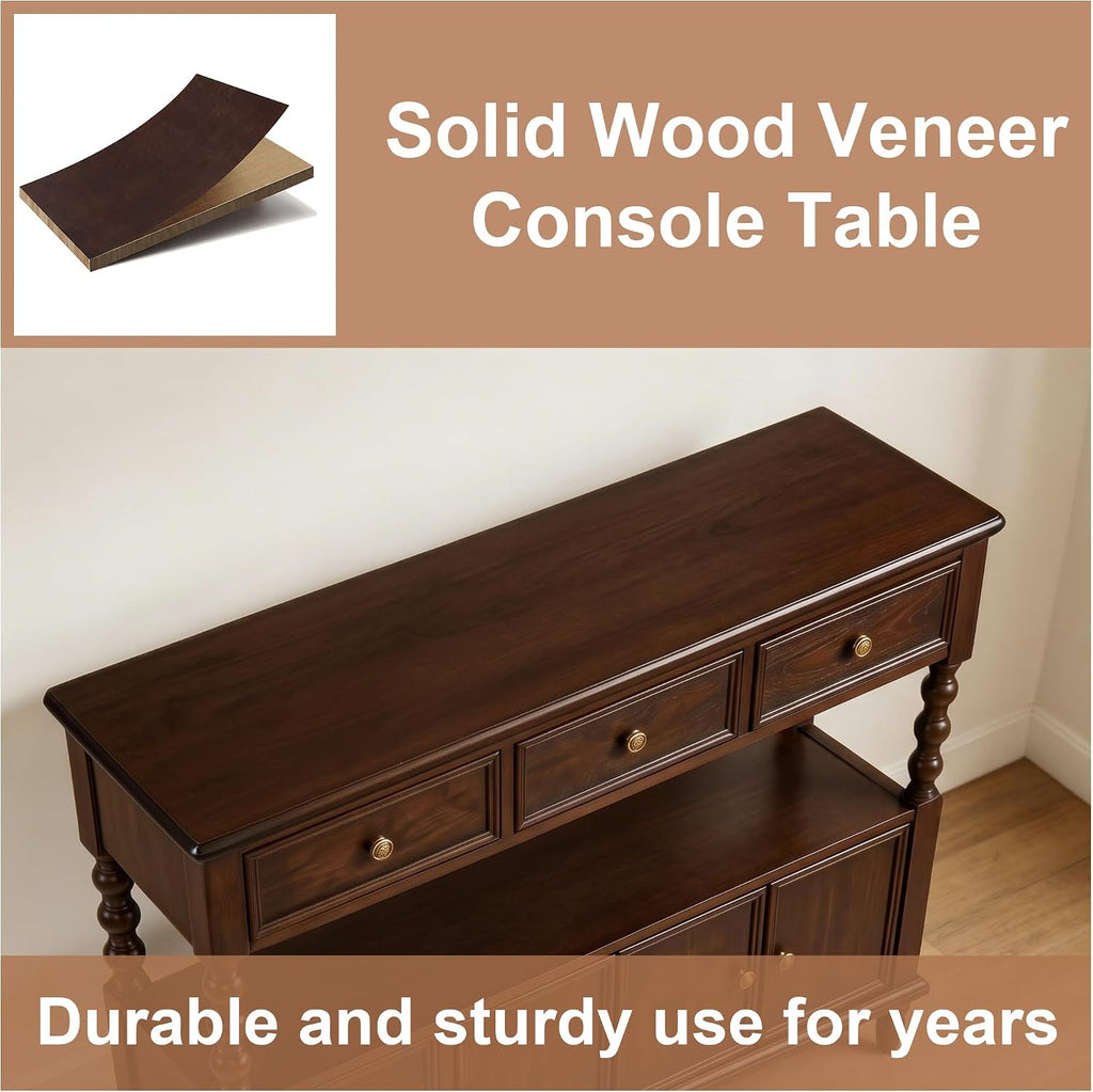 45.3'' Solid Wood Console Table, Retro Sofa Table with 3 Drawers & 2 Cabinet, Long Behind Couch Accent Table Console Table Narrow Entryway Table for Living Room, Foyer, Hallway