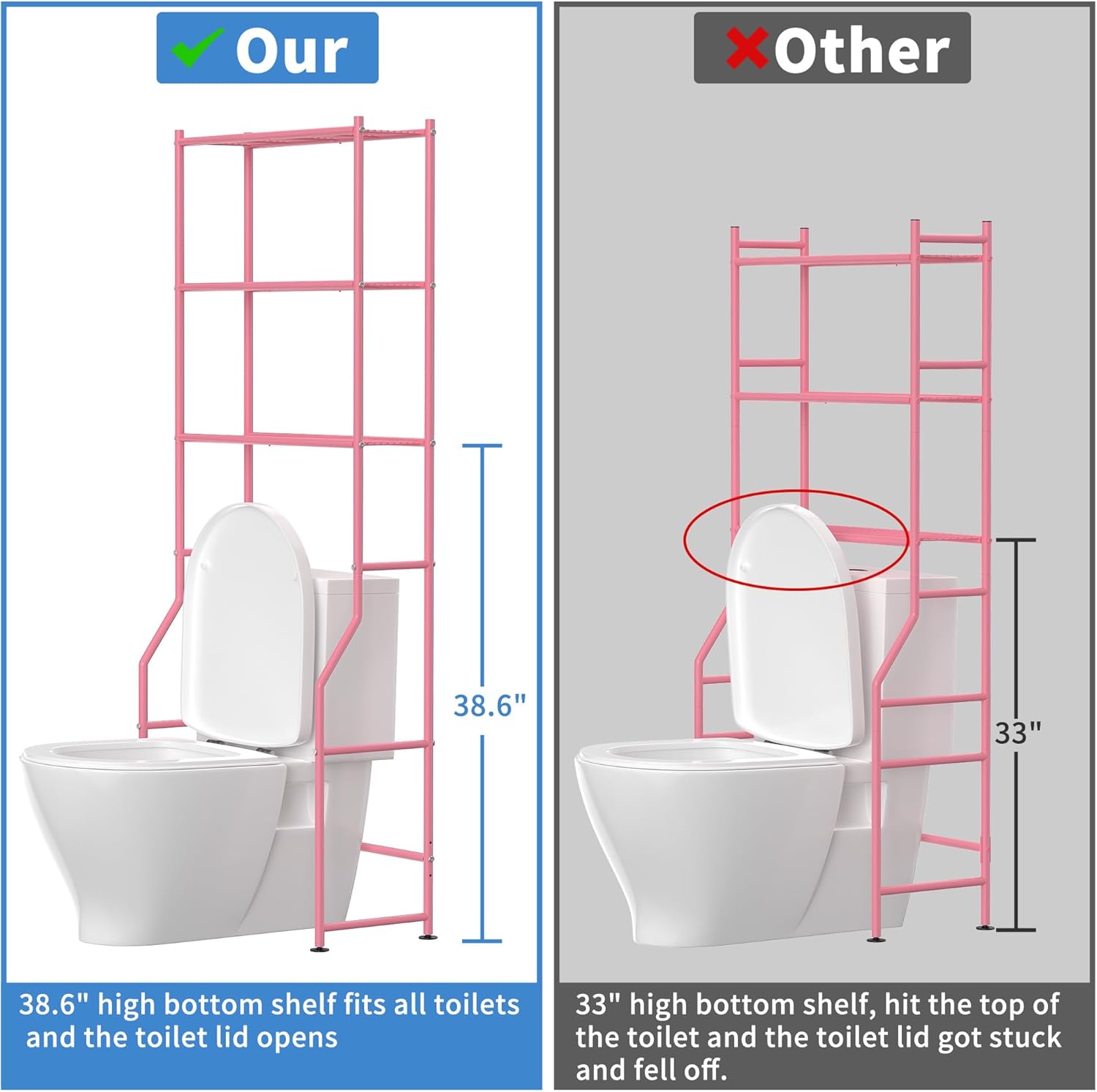 3-Tier Over The Toilet Storage, Freestanding Metal Bathroom Shelves, Space Saver Above The Over Toilet Storage Shelf for Bathroom (Pink)