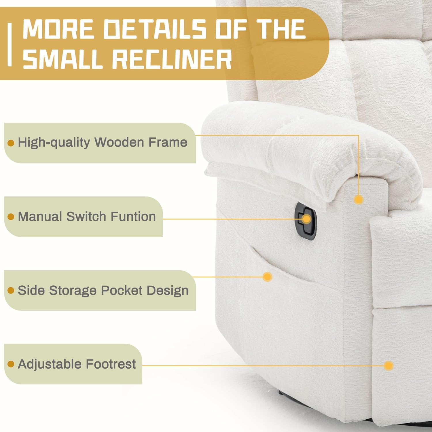 Korser Recliner Chair, Swivel Rocker Recliner Chair for Adults, Small Recliners for Small Spaces, Upholstered Manual Recliner with Side Pockets, Nursery Rocking Chair for Living Room, Chenille, Beige