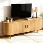 58" Mid Century Modern TV Stand, Wood TV Consoles with Sliding Doors and Power Outlet, Entertainment Center with Adjustable Shelves, Fluted TV Stands for Living Room, Oak