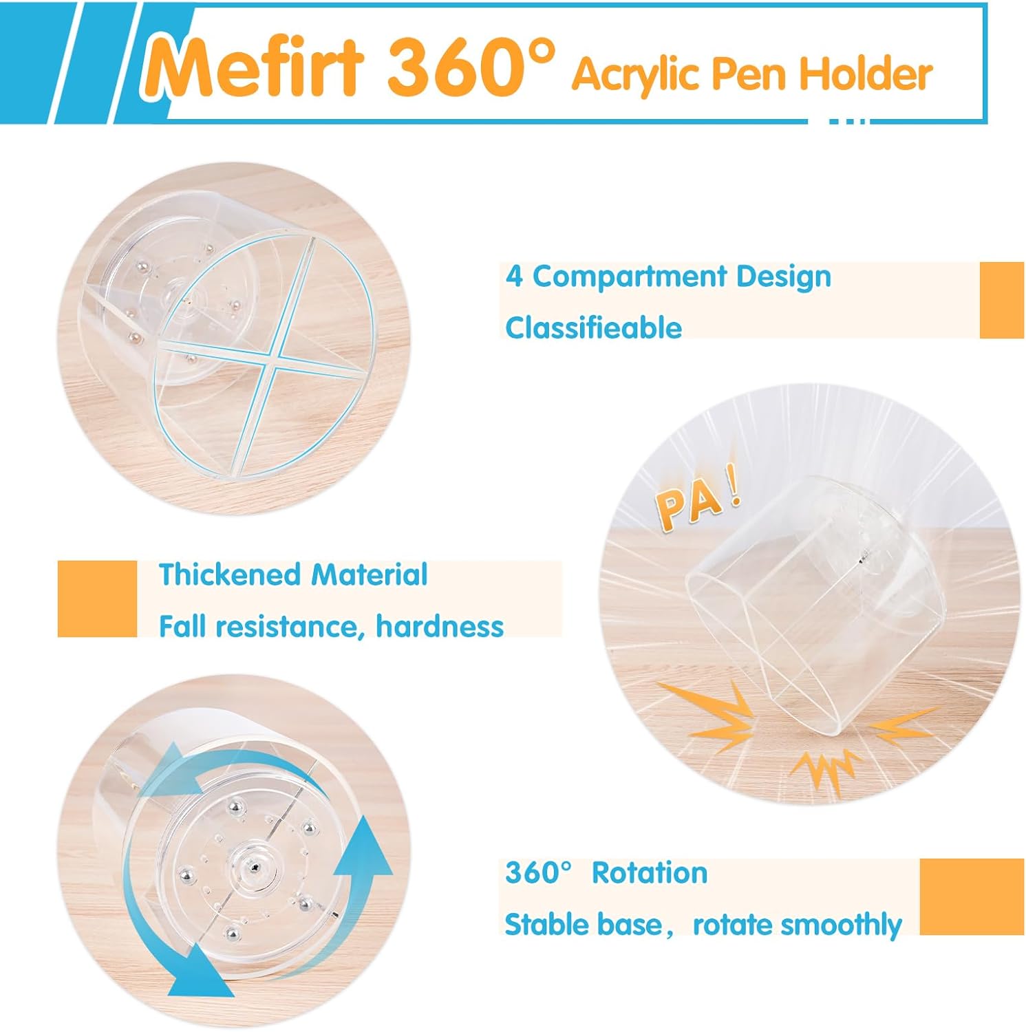Acrylic Pen Holder, 360 Degree Marker Organizer for Desk, Rotating Desk Storage With 4 Compartments, Art Supply Crayon Holder for Office School Home, Clear