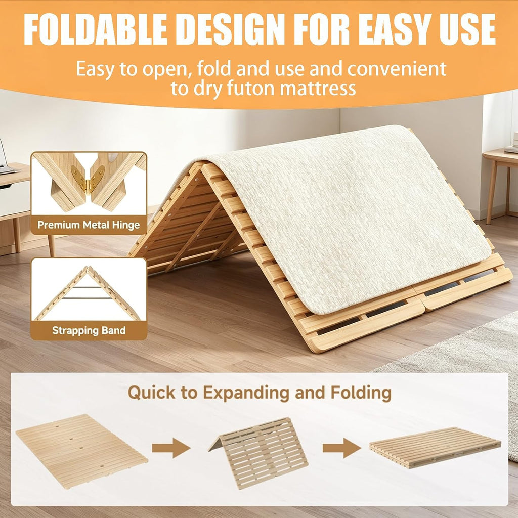 LILYPELLE Floor Bed Frame, Solid Wood Japanese Tatami Bed Frame, Foldable & Breathable & Moisture-Proof Bed Plate for Futon Mattress or Floor Sleeping, Standard Queen