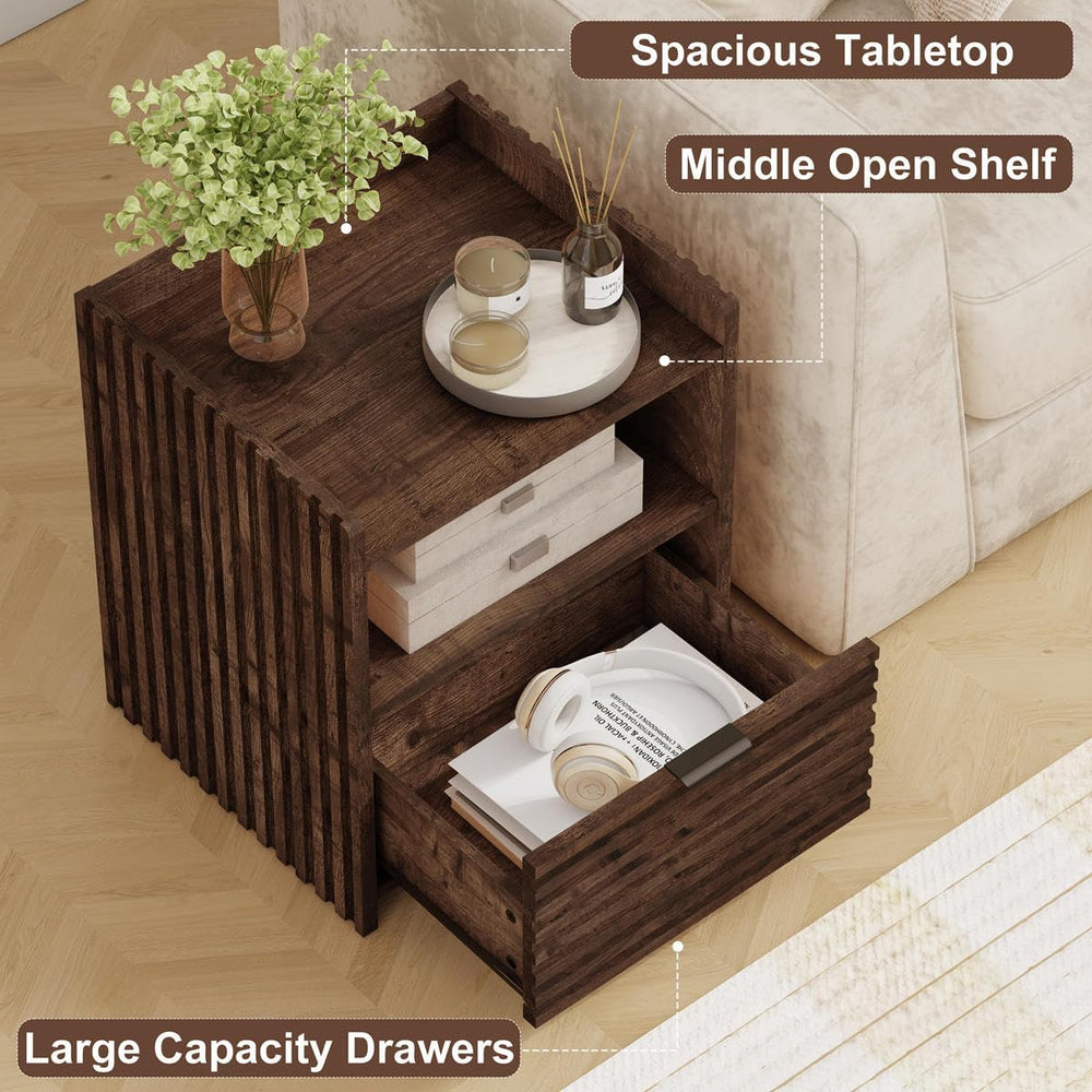 BON AUGURE Fluted Nightstand with Drawer and Storage Shelf, Modern Wood Bedsi...