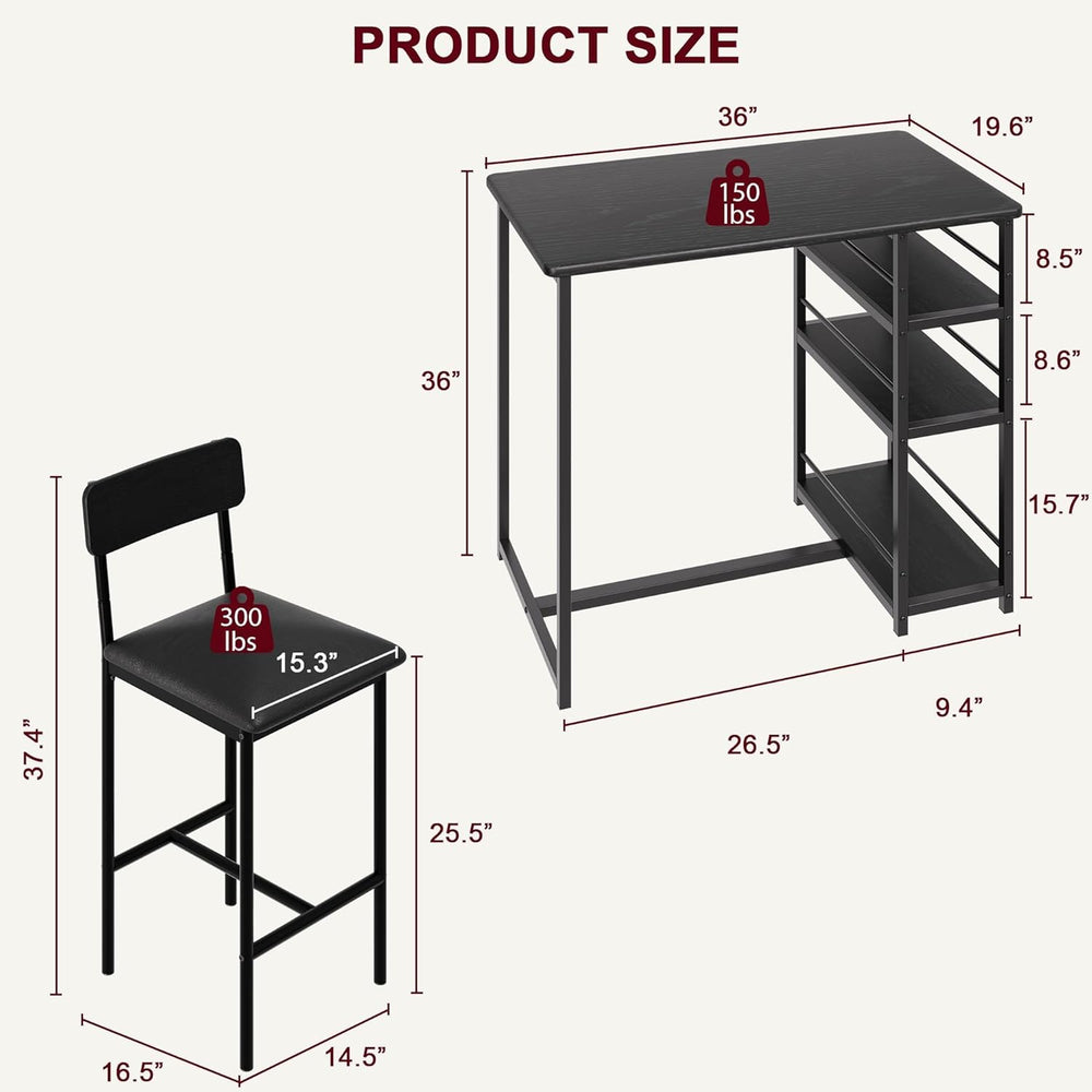 Bar Table and Chair Set with Three Shelves Small 2-Person Dining Table with 2...