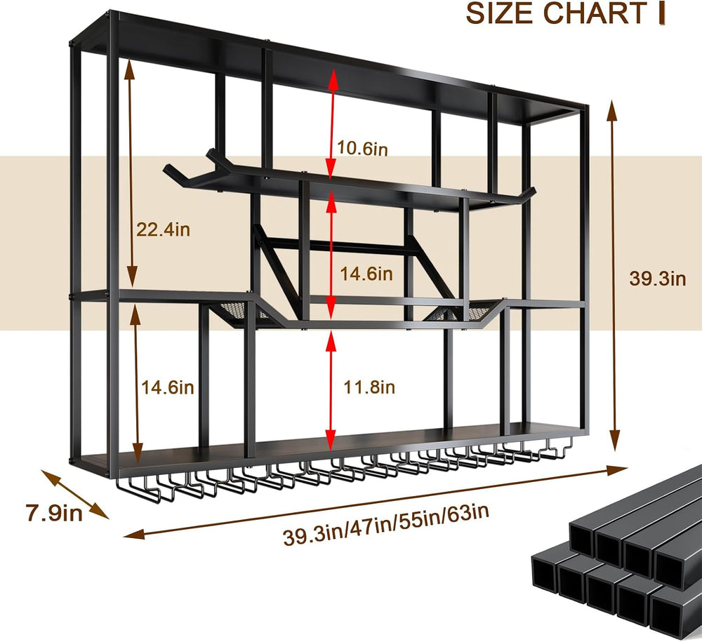 63-inch LED Wall Wine Rack, Modern Metal Display Rack for Bar | With 3 floati...