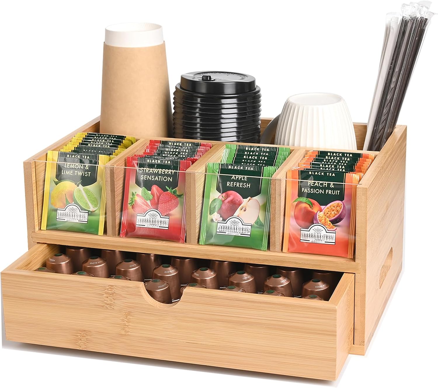 Tea Bag Organizer, Bamboo Tea Organizers and Storage, Tea Box Organizer Storage Box with Drawer, Portable Tea Bag Holder Organizer, Tea Storage Organizer for Countertop, Pantry, Kitchen