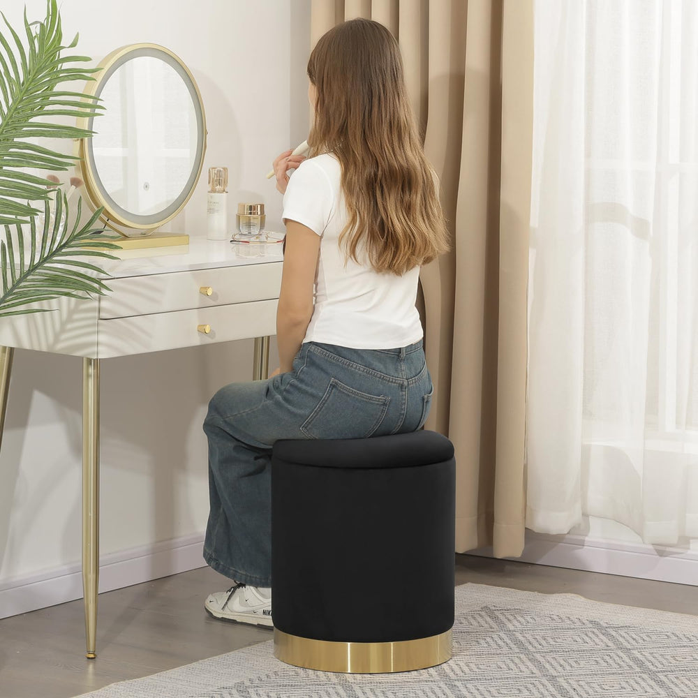 Joveco Round Velvet Storage Ottoman with Reversible Lid Tray & Gold Metal...
