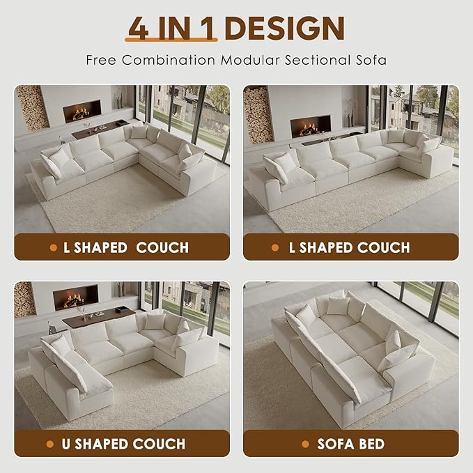 130" Oversized Boneless Cloud Couch, Modular Sectional Couches for Living Room, U Shaped with Deep Seats, No Assembly Required, 6 Seater Washable Fabric Sleeper Sofa, White
