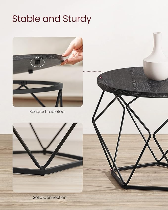 VASAGLE Small Coffee Table Set of 2, Round Coffee Table with Steel Frame, Sid...
