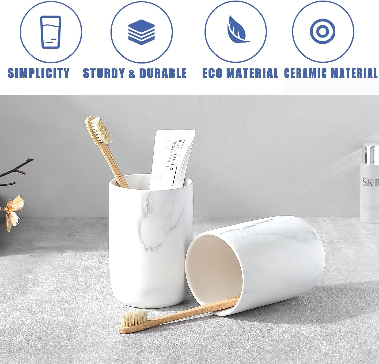 Marble Toothbrush Holders - 2 Ceramic Toothbrush Holders for Bathrooms Toothbrush Toothpaste Holders Set, White Bathroom Tumbler Cups Reusable Toothbrush Mouthwash Cup, Bathroom Counter Organizer.