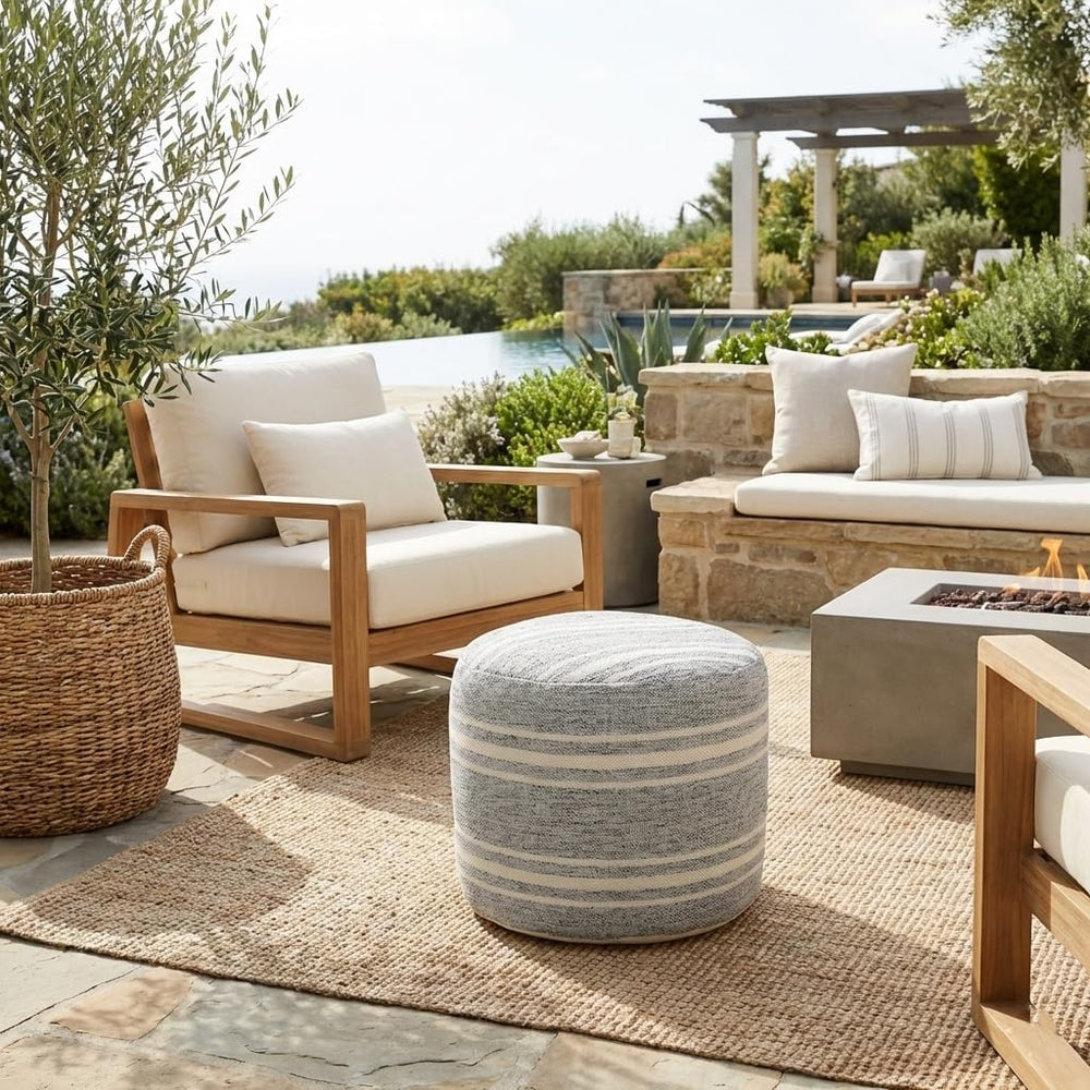 LR Home Ox Bay Farmhouse Triple Stripe Indoor Outdoor Pouf, Gray/White, 18&qu...