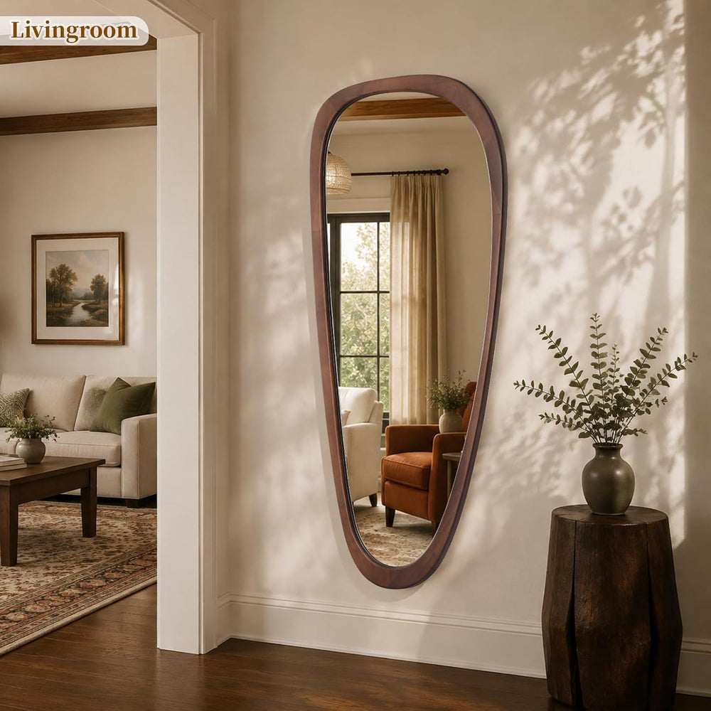 HOMECOOKIN 48 x 22 Asymmetrical Mirror, Irregular Wooden Wall Mirror for Bedr...