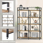 FATORRI Bookshelf, 5 Tier Industrial, Tall Etagere Bookcase, Rustic Wood and Metal Book Shelf with Large Open Shelving Unit for Home Office Living Room (Rustic Oak, 51 Inch Wide)
