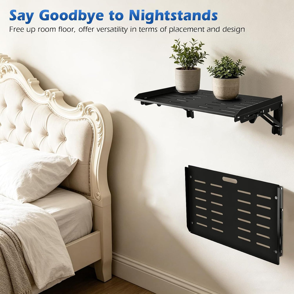 Folding Wall Mount Shelf, 16.9x11 Inch Metal Floating Shelf with Lip, Cable H...