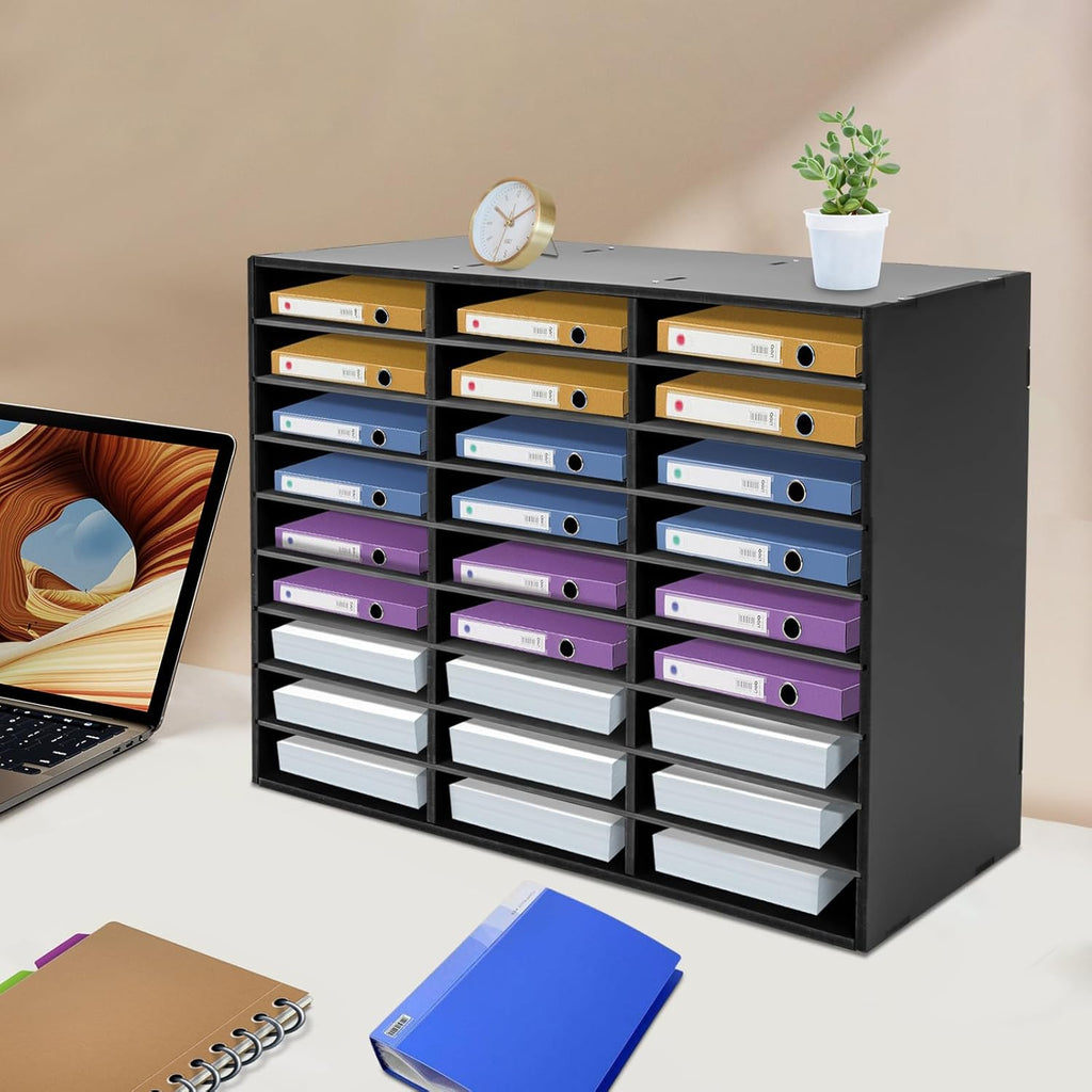 27 Compartments Literature Organizer, Desktop File Sorter Mail Center Paper Storage Cabinet Classroom Mailbox for Files Documents Papers Magazines(White) (Black 27Slots 1)