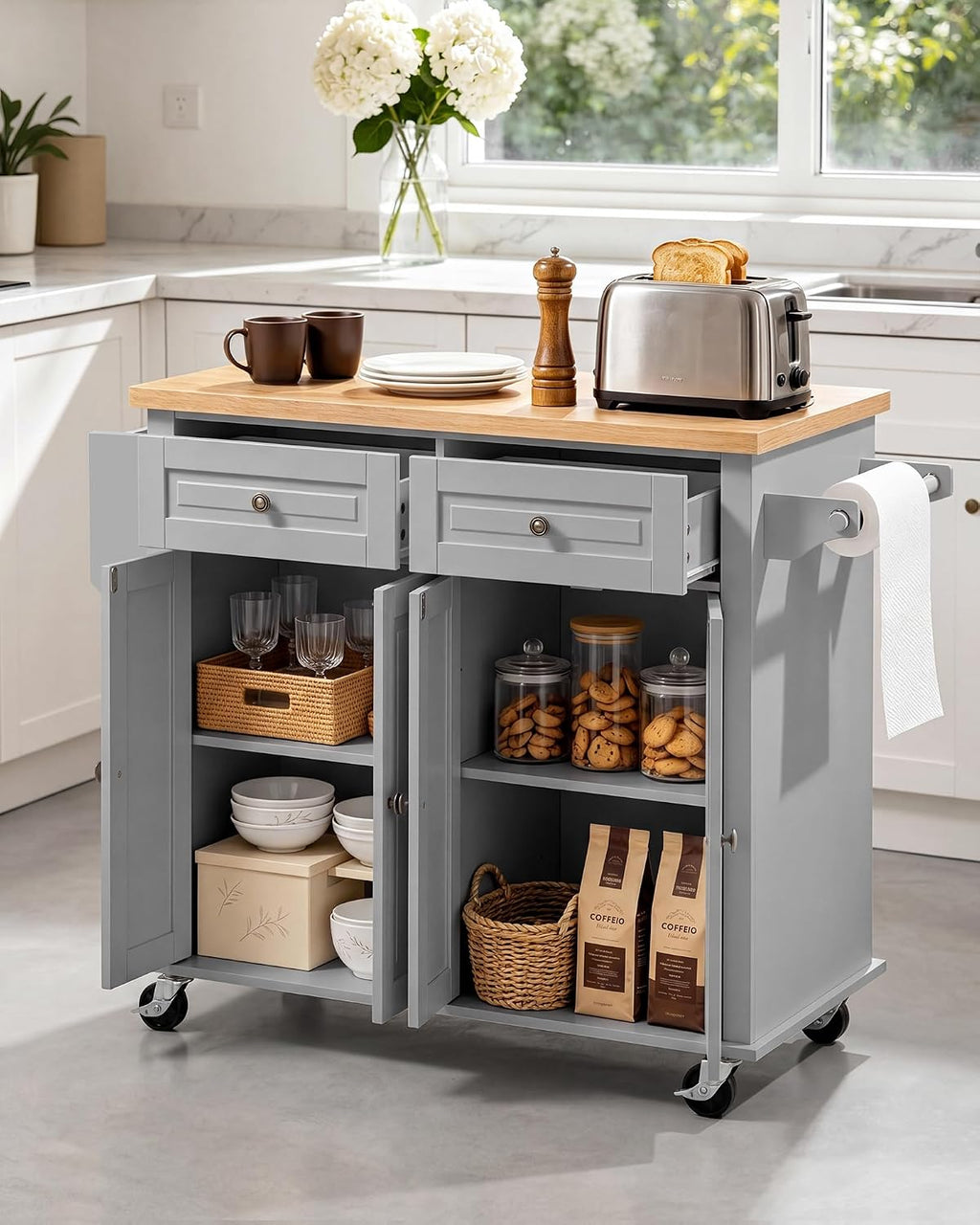 VEVOR Kitchen Island Cart with Storage, 43.7 in Wide Mobile Rolling Storage Island on Swivel Wheels, with 2 Drawers, Storage Cabinet, Spice/Towel Rack, Hooks, Table for Home Dining Room, Gray