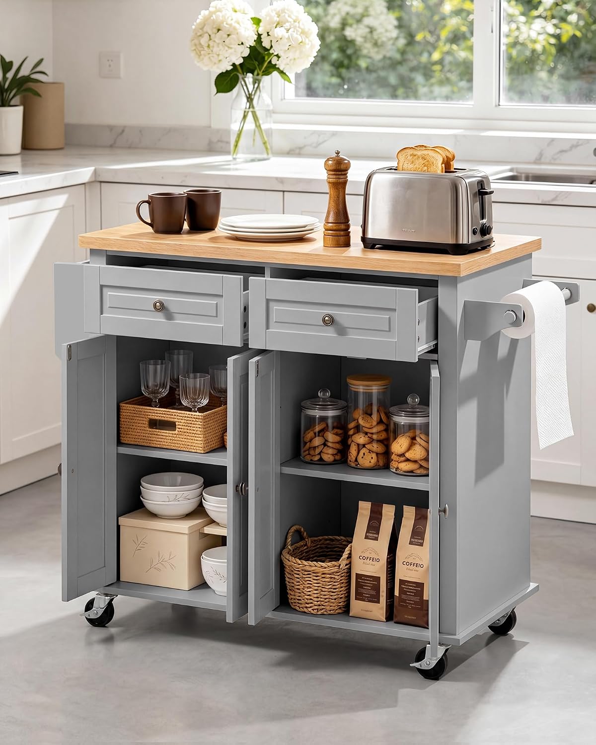 VEVOR Kitchen Island Cart with Storage, 43.7 in Wide Mobile Rolling Storage Island on Swivel Wheels, with 2 Drawers, Storage Cabinet, Spice/Towel Rack, Hooks, Table for Home Dining Room, Gray