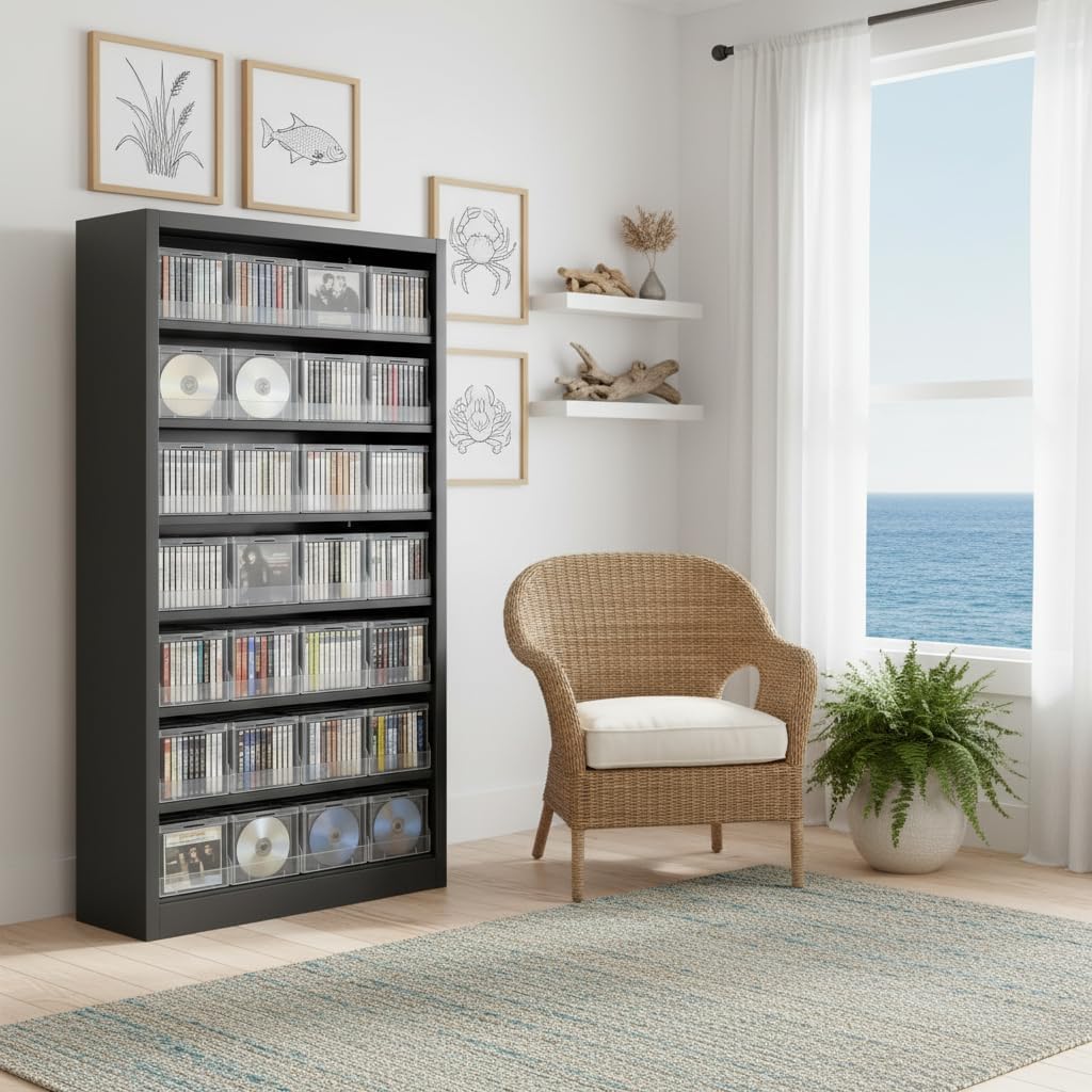 Metal DVD Storage Shelves, 7-Tier CD Storage Rack with Adjustable Shelves, DVD Organizer Shelf, Media Cabinet for CD Holder, Movies, Blu rays, Games for Living Room & Home Office (Black)