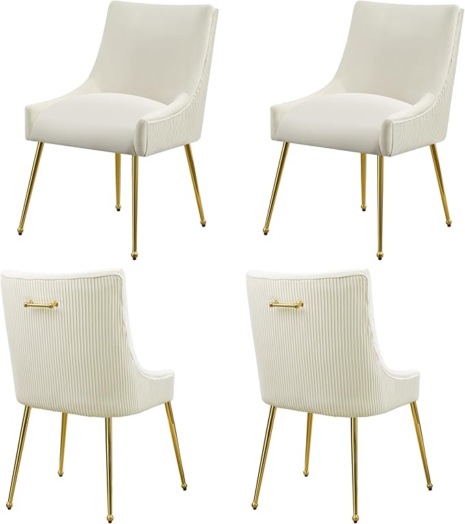 Velvet Dining Chairs Set of 4 Gold Legs,Upholstered Velvet Accent Chairs, Pleated Back Design & Gold Pull Handle, Mid Century Modern Chairs for Dining/Kitchen/Living Room,Beige