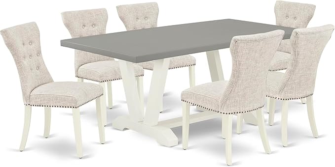 East West Furniture V097GA235-7 7 Piece Kitchen Table & Chairs Set Consist of a Rectangle Dining Room Table with V-Legs and 6 Doeskin Linen Fabric Parson Chairs, 40x72 Inch, Multi-Color